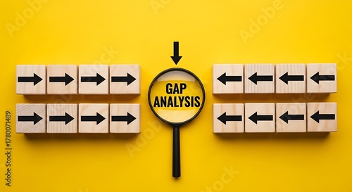 Gap analysis concept with wooden blocks, arrows, and magnifying glass