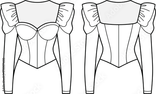 Women's Corset Style Bodice Top with Voluminous Puffed Sleeves and Sweetheart Neck Technical Fashion Flat Sketch CAD Drawing Vector Illustration