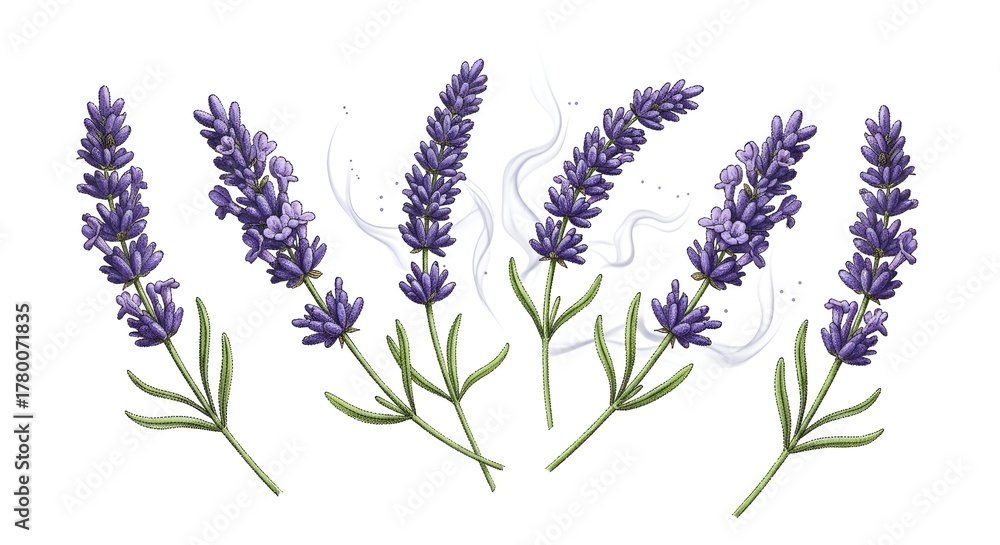 Fototapeta premium Detailed botanical illustration showcases a flowing arrangement of vibrant lavender sprigs
