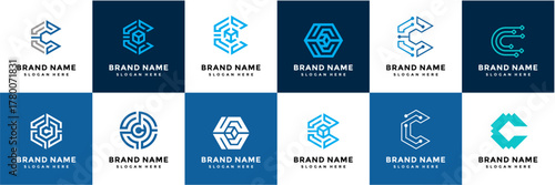 set design logo letter C tech block chain vector template