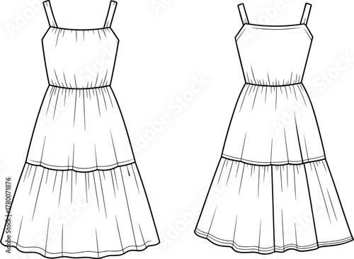 Women's Mid-Length Tiered Sundress with Simple Straps and Gathered Waist Technical Fashion Flat Sketch CAD Drawing Vector Illustration