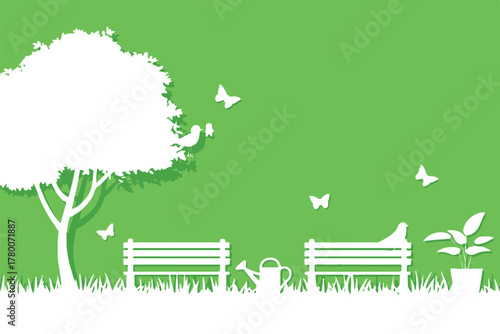 park vector minimalist tree bench bird wateringcan butterflies
