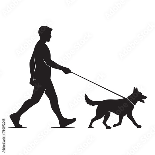 Man walking a dog silhouette isolated on white background