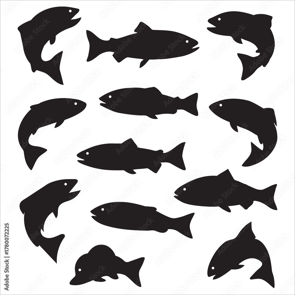 Fototapeta premium Set of Swimming Fish Silhouettes Vector Icons