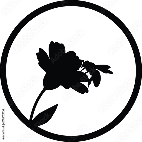 Vector flower and bee pollinating simple black silhouette illustration