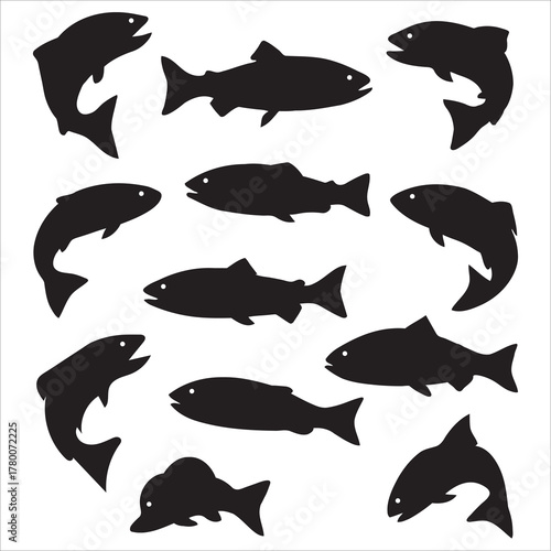 Set of Swimming Fish Silhouettes Vector Icons