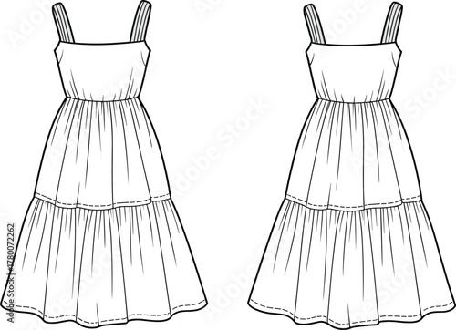 Women's Tiered Maxi Sundress with Square Neckline and Double Straps Technical Fashion Flat Sketch CAD Drawing Vector Illustration