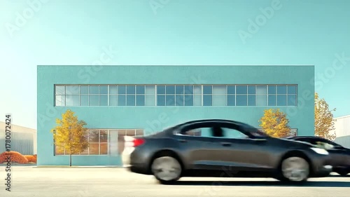 Modern building with car passing by on sunny day