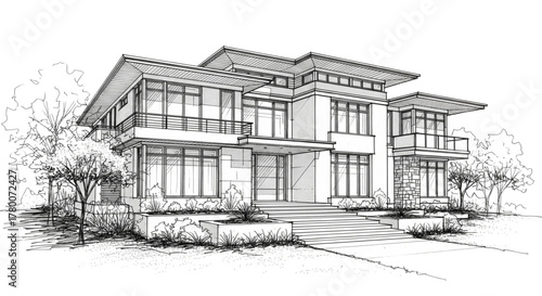 Modern Architectural Home Design Sketch Luxury Residence with Clean Lines and Large Windows Lush Landscaping and Trees