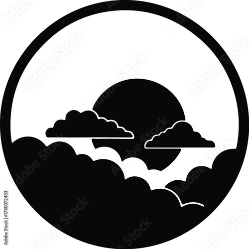 Vector landscape with sun and clouds minimal black silhouette illustration