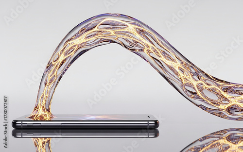 Abstract glowing liquid flowing from a smartphone in a futuristic artistic display