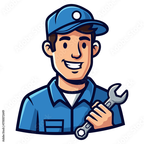 Mechanic Smiling with a Wrench Ready to Repair or Fix Anything Illustration for Services