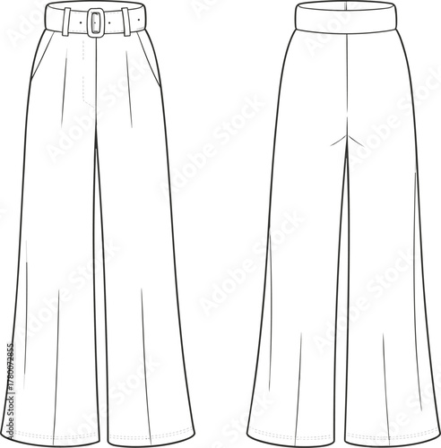 Women's High-Waisted Wide Leg Trousers with Front Pleats and Buckle Belt Technical Fashion Flat Sketch CAD Drawing Vector Illustration