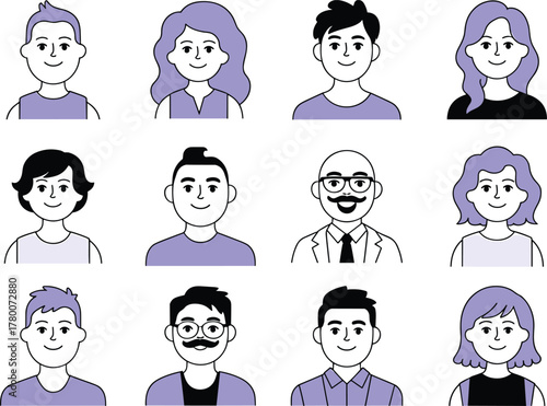 Diverse cartoon avatars collection, professional male and female profile icons, minimalist flat design, business team illustration, vector portrait characters, diversity concept