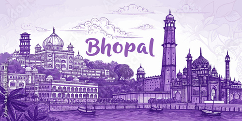 Bhopal Skyline Sketch with Cultural Touch for Tourism Promotion, Featuring Taj-ul-Masajid, Upper Lake, Bharat Bhavan and Tribal Museum – Perfect for Travel Art Prints and Wall Decor