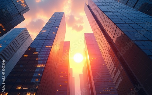 Wallpaper Mural skyscrapers at sunset view looking up of bright colorful abstract background prism fantasy architectural wallpaper sunlight blue yellow orange pink cityscape architecture backdrop. High quality Torontodigital.ca