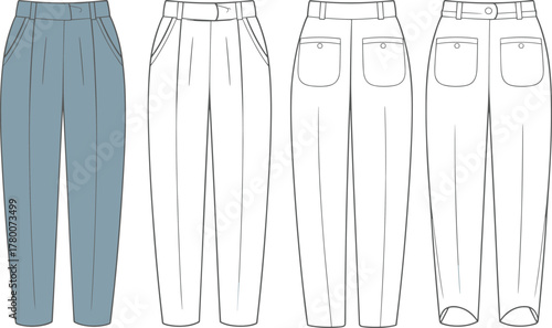 Women's High-Waisted Tapered Trousers with Pleats and Back Patch Pockets Technical Fashion Sketch CAD Drawing Vector Illustration