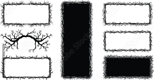 Tangled Black Tree Branch Frame Vector Set, Spooky Halloween Border Collection, Bare Dead Twig Borders and Silhouette Fills, Grunge Horror Element Graphic for Party Invitations.