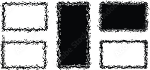 Grungy Black Tree Branch Frame Vector Set, Spooky Halloween Border Collection, Tangled Bare Twig Frames and Silhouette Fills, Horror Design Elements for Party and Event Graphics.