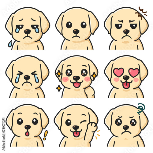 A set of cute anime labrador dogs illustrations doing different activities with different expressions.Stickers or badges.