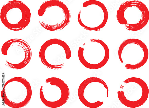 Vector red color Circle Brush Stroke. Japanese round brush strokes. Asian enso circles. Zen Circle Enso Japanese Paint Brush Vector Illustration.