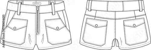 Women's Ultra Short Utility Shorts with Exposed Zipper Fly and Flap Patch Pockets Technical Fashion Sketch CAD Drawing Vector Illustration