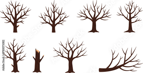 Stylized Set of Bare and Broken Winter Tree Icons, Dormant Deciduous Trees with Brown Trunks and Branches, Nature, Forest, Environment, and Wood Harvesting Vector Graphics Collection, Isolated 