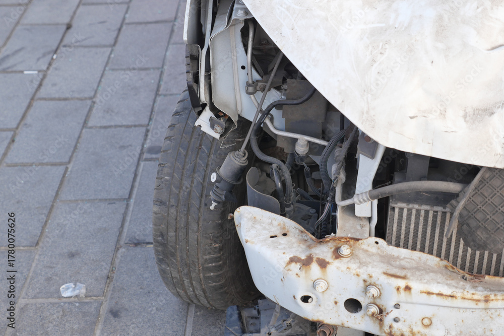 Fototapeta premium Damaged car tire and fender on city street