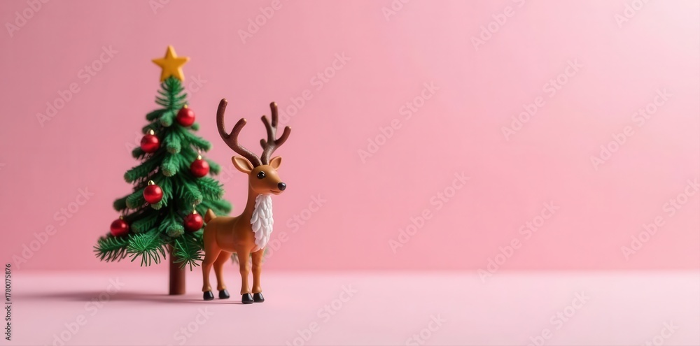 Fototapeta premium Miniature fir tree reindeer, red bauble antlers Pastel pink background , adorable, evergreen, festive decoration