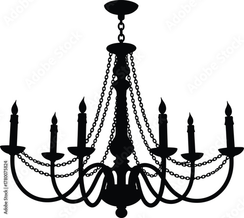Ornate Antique Chandelier Silhouette Vector Graphic, Elegant Six-Arm Lighting Fixture with Chain Garland and Lit Candle Bulbs, Vintage Interior Decoration, Luxury Home Decor, and Classic Style 