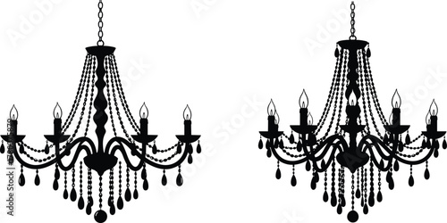 Highly Detailed Luxury Chandelier Silhouettes Pair, Intricate Classic Lighting Fixtures with Sparkling Crystal Beads and Wax Candles, Vintage Interior Decoration, Upscale Event, and Royal Lighting