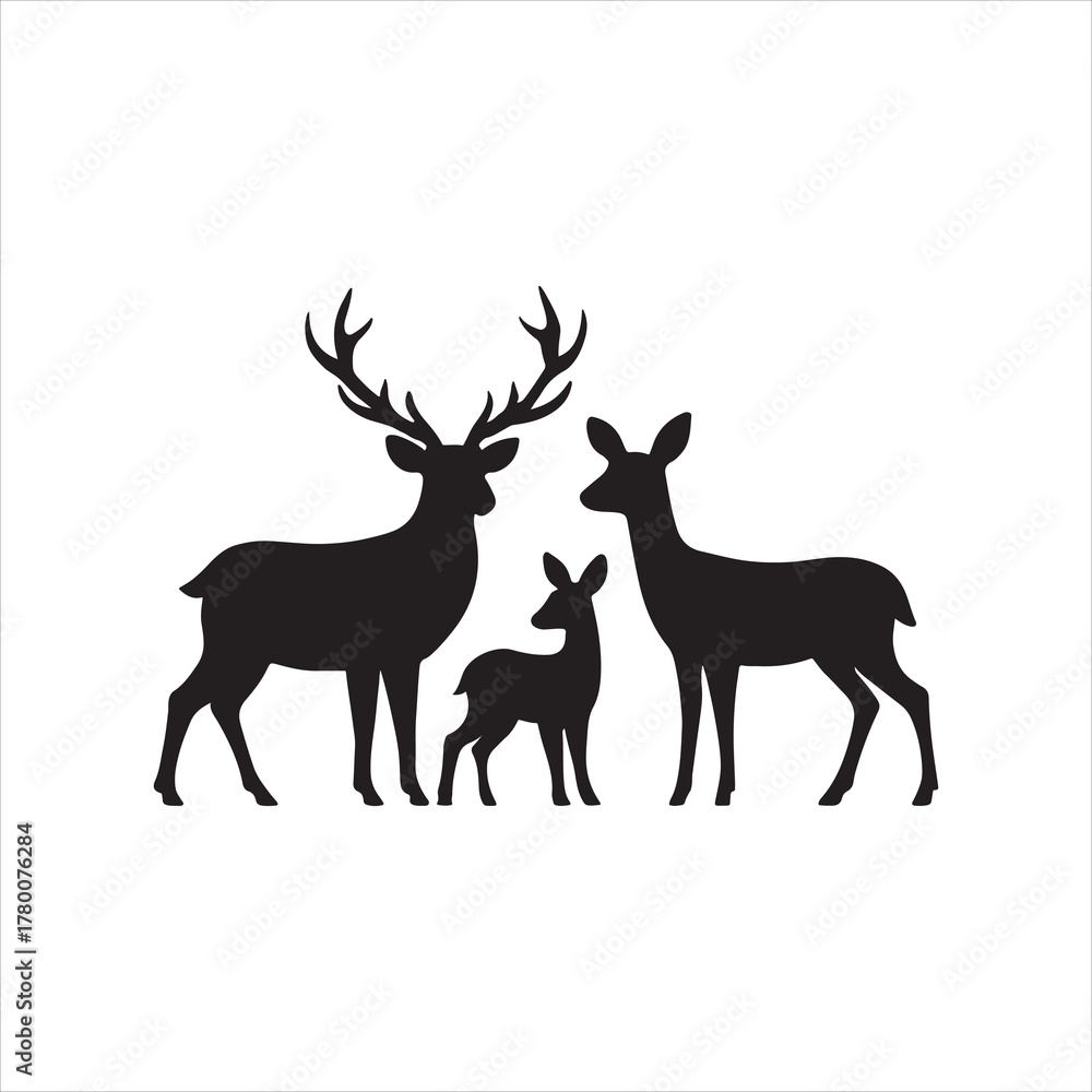 Obraz premium Deer Family Silhouette Vector Illustration Featuring a Buck Doe and Fawn Creating a Whimsical Wildlife Design for Graphic Projects