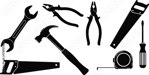 Essential handyman hand tools set black silhouette icon hammer wrench pliers saw screwdriver tape measure construction repair utility equipment workshop maintenance service simple graphic element