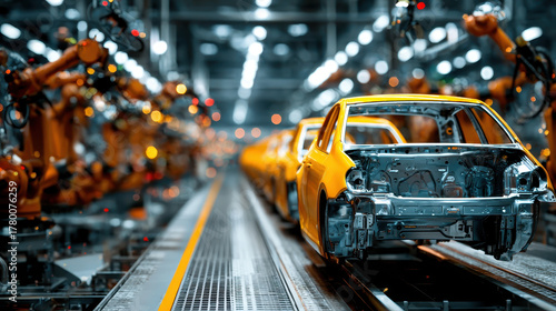 Automated car manufacturing assembly line with robotic arms painting and assembling bright yellow vehicle bodies inside modern industrial factory environment
