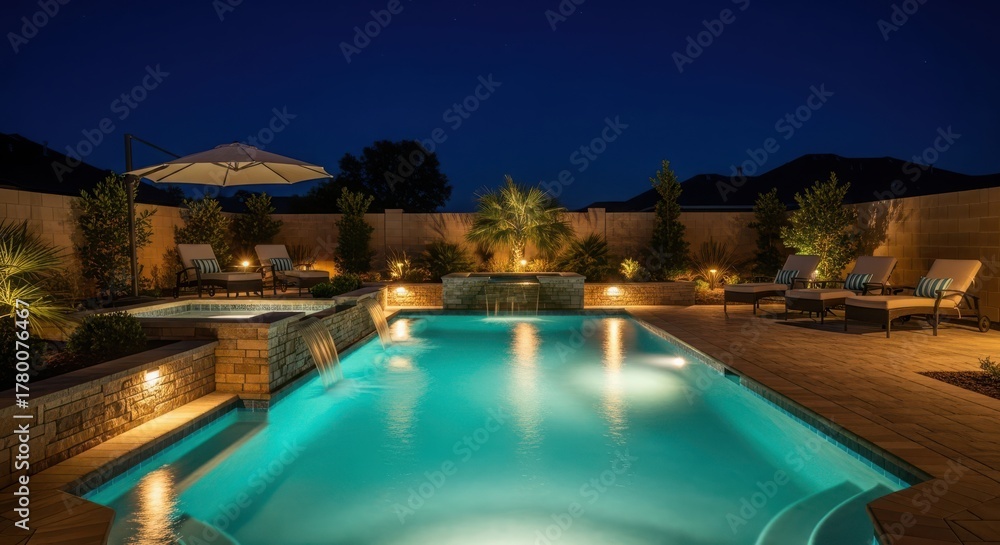 Fototapeta premium Backyard swimming pool and spa illuminated at night with lounge chairs and landscaping