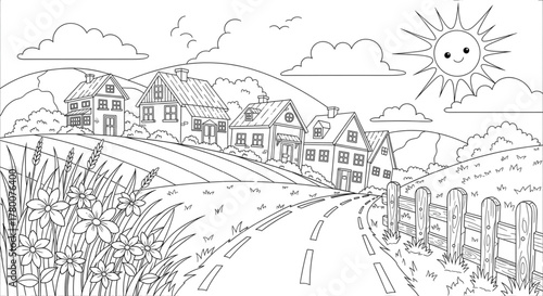 Charming Countryside Village Coloring Page Awaiting Your Colors A Sunny Day With Rolling Hills Houses And Flowers A Whimsical Scene For All Ages