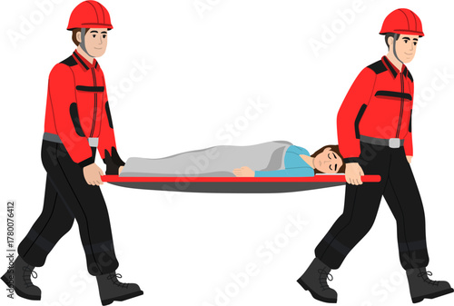 First Responders Carrying Patient on Stretcher, Emergency Rescue Team Transporting Injured Person