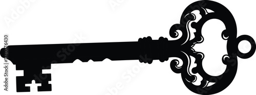 Highly ornate decorative antique vintage skeleton key silhouette black icon symbol of mystery elegance access solution success royal secret unlock open close fantasy medieval gothic rococo shape 