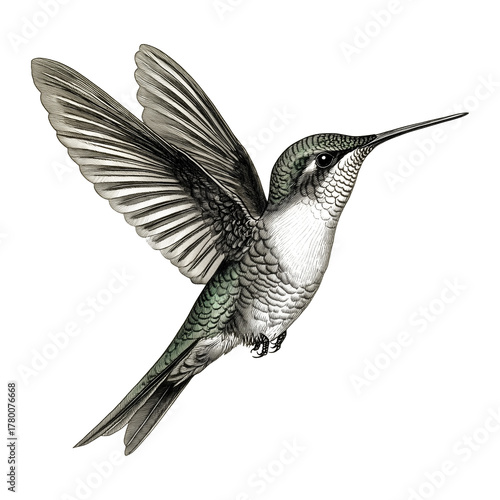 Vintage Hummingbird Illustration Detailed Natural History Engraving, Generative AI