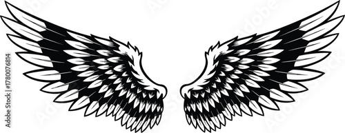 Stylized Black and White Angel or Bird Wings Vector Graphic, Featuring Detailed Feather Textures, Ideal for Tattoo Design, Apparel Print, Logo Element, Motorcycle Decal, and Freedom Concepts.