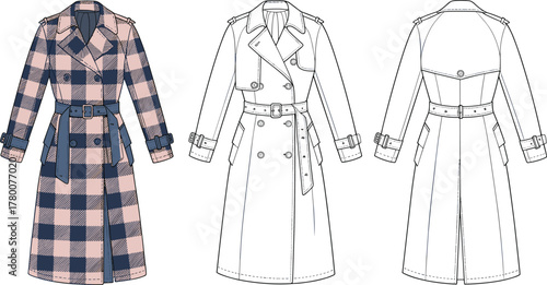 Women's Classic Plaid Trench Coat Technical Fashion Sketch CAD Drawing Flat Vector Illustration with Belt and Buckle Details