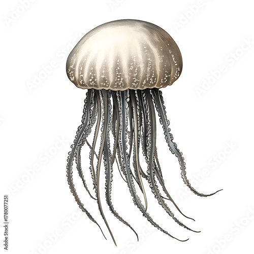 Retro Marine Jellyfish Drawing Detailed Ocean Life Illustration, Generative AI