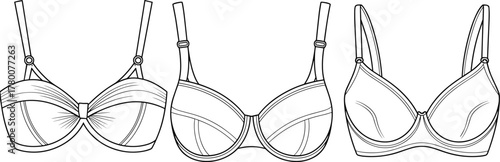 Set of Technical Bra Fashion Flat Templates, Outline Drawing of Three Lingerie Styles, Underwire, Balconette, and Push-up, Isolated Apparel Vector Illustration, Technical Sketch for Designers.