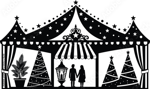 Black Silhouette of a Christmas Fairground or Circus Tent Scene, Festive Booth with Decorated Trees and Couple, Winter Holiday Market Graphic, Isolated Vector Illustration.