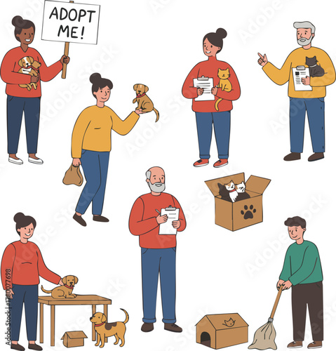 Flat illustration of people volunteering at an animal shelter with dogs and donation boxes.