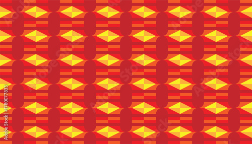 Vibrant geometric seamless pattern with red and yellow diamond shapes creating a dynamic optical rhythm. Modern abstract vector background for textile, wallpaper, and digital design