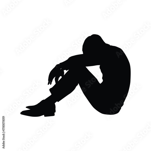 Vector silhouette of a person curled up, hugging their knees, a universal sign of despair, loneliness, mental stress, and being overcome by difficult emotions or personal crisis.