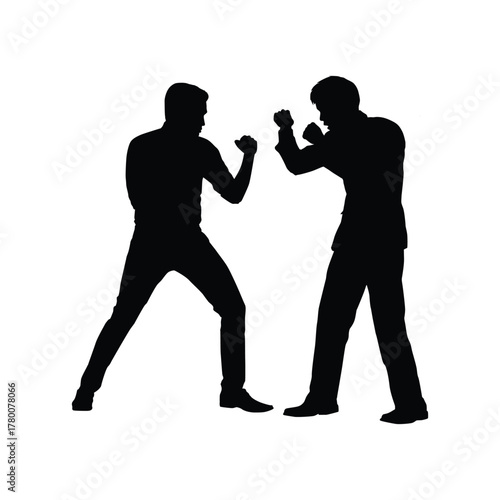 Silhouette of Two Men in Fighting Stance, Prepared for Boxing, Conflict, or Confrontation.