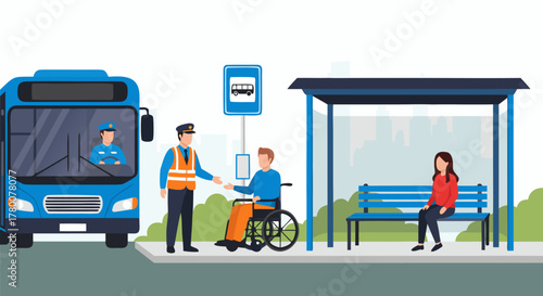 Bus driver assisting a person with a disability in a wheelchair at a modern city bus stop, promoting accessible public transportation
