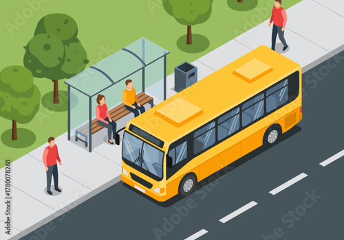Isometric illustration of a yellow bus at a bus stop with people waiting and boarding